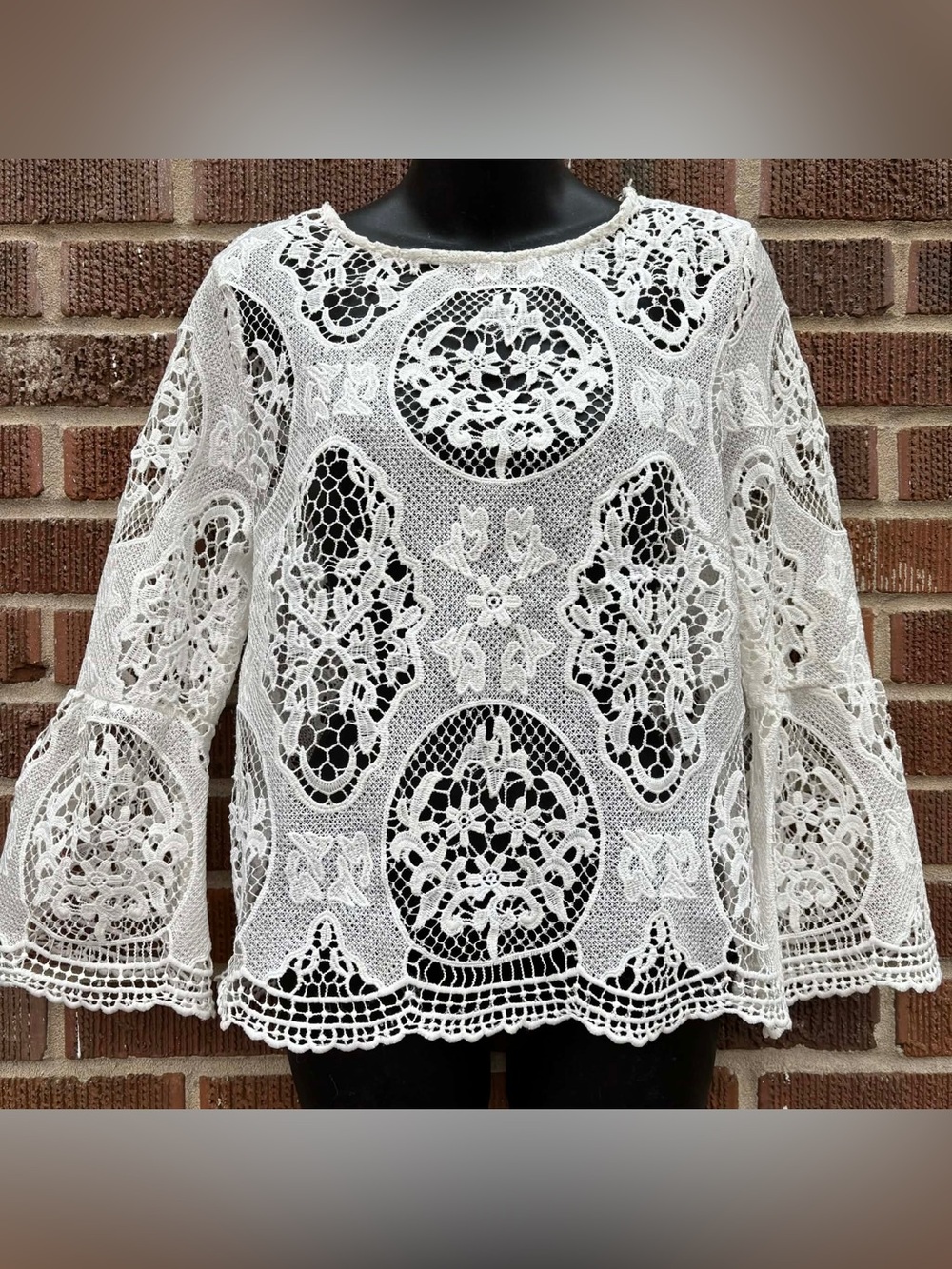 Haute Monde Cut Lace Long Sleeve White Fairy Romantic Boho blouse Top Sz L